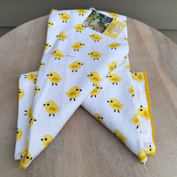 Spring Little Yellow Chicks Colordrift Kitchen Towels Set Of 2 New Pom Poms Cute - Picture 1 of 8